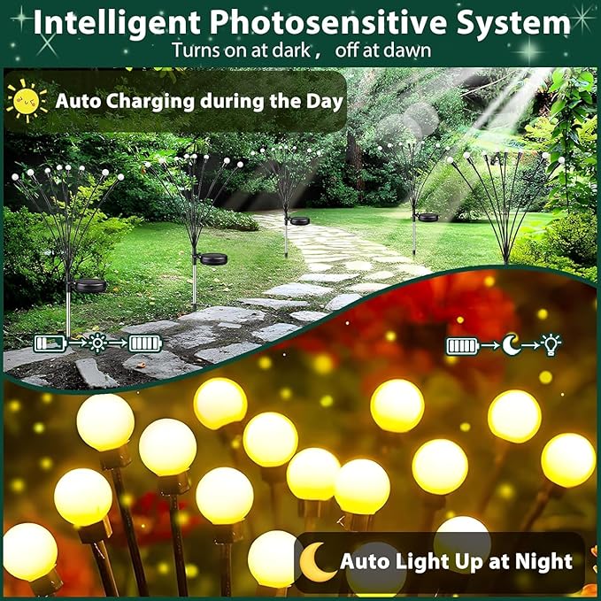 12 Pack Solar Firefly Lights Outdoor Swaying Garden Decor 96 LED Warm White | 2 Lighting Mode, Auto On/Off, Sway with Wind, Waterproof Solar lights Outdoor for Flower Bed Patio Pathway Courtyard Decor
