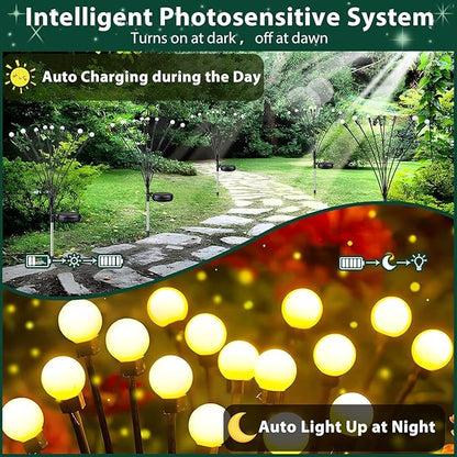 12 Pack Solar Firefly Lights Outdoor Swaying Garden Decor 96 LED Warm White | 2 Lighting Mode, Auto On/Off, Sway with Wind, Waterproof Solar lights Outdoor for Flower Bed Patio Pathway Courtyard Decor