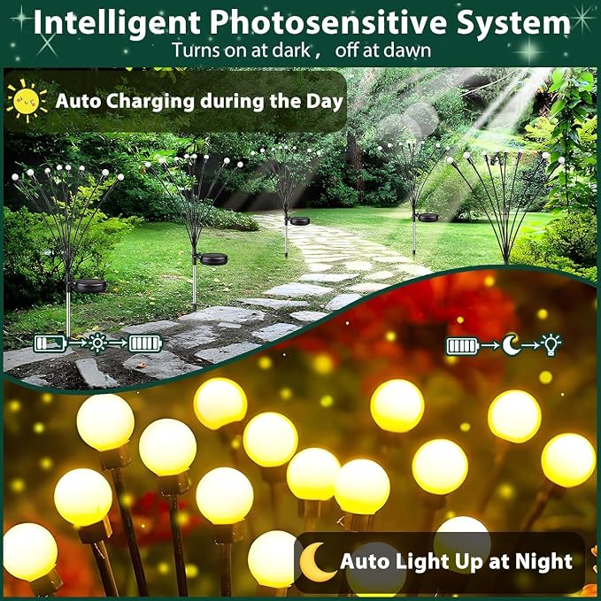 6 Pack Solar Firefly Lights Outdoor Swaying Garden Decor 48 LED Warm White | 2 Lighting Mode, Auto On/Off, Sway with Wind, Waterproof Solar lights Outdoor for Garden Yard Pathway Landscape Decorations