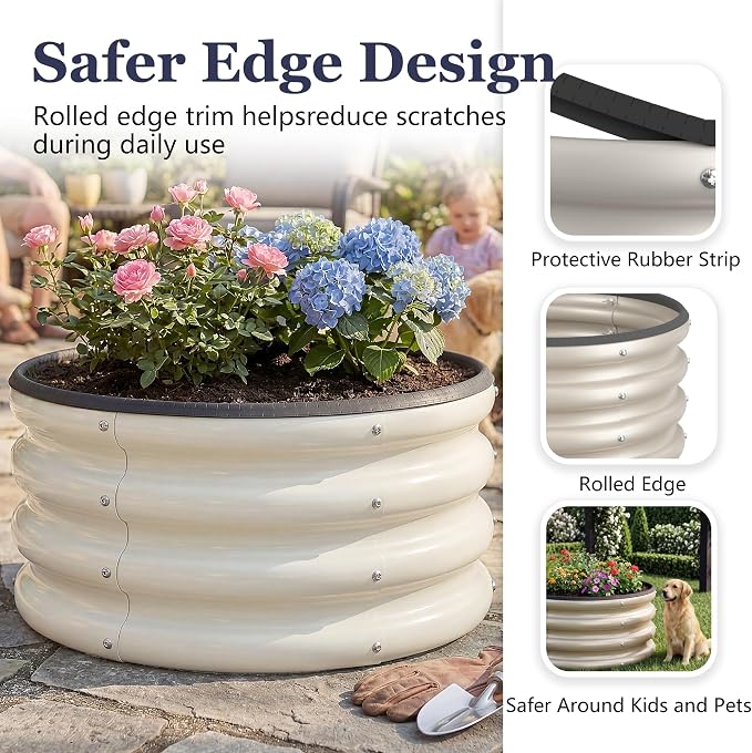 2 x 2 x 1 ft Round Raised Garden Bed, White 1 Pack 0.6 mm Thick Galvanized Steel Planter Box with Double Layer Paint and Safety Edge Trim for Vegetables Flowers Herbs Outdoor Garden
