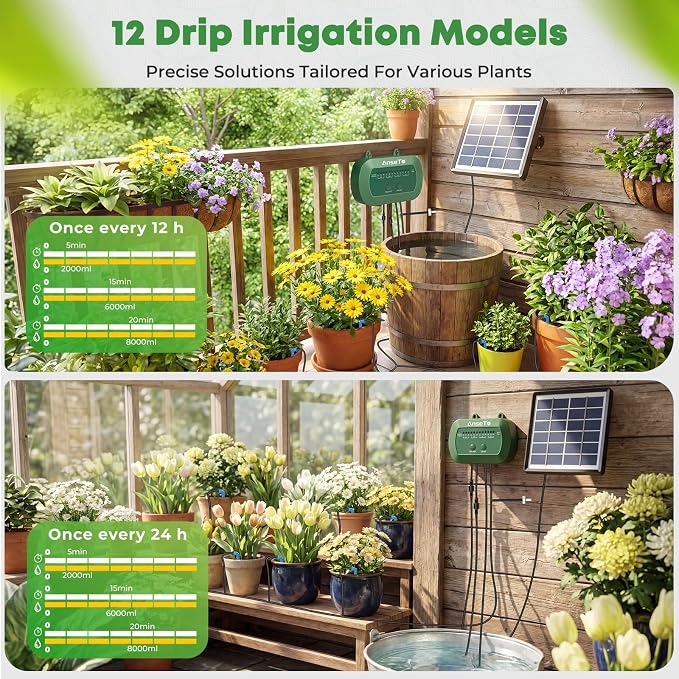 Solar Drip Irrigation System, Automatic Watering Kit with Split Design & Anti-Siphon Valve, 12 Modes Garden Irrigation System with 49ft Hose for 15 Potted Plants, Patio, Balcony & Greenhouse