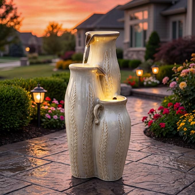 29.5" H Ceramic Outdoor Water Fountain with LED Lights, 3-Tier Vase Cascading Water Feature, Beige Glaze with Embossed Leaf Patterns, Tranquil Waterfall for Garden, Patio, Yard, or Porch
