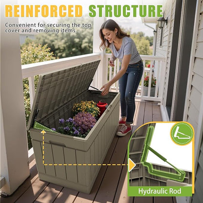 Greesum Outdoor Storage Box 82 Gallon Storage Bin with Lid for Patio Furniture, Garden Tools, Pool Supplies, Waterproof and UV Resistant, Lockable, Coffee