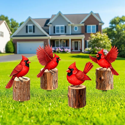 Set of 4 Metal Red Cardinal Birds on Stakes Outdoor Garden Decor - Yard Art Sculptures Standing on Wooden Post Style - Cardinal Gifts for Bird Lovers Patio Lawn Ornaments(Red Cardinal-c)