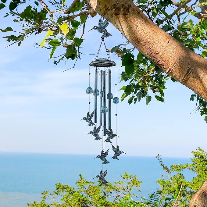 LESES Hummingbird Wind Chimes Outdoor Wind Chime with 4 Aluminum Tubes & 6 Wind Bell, Memorial Wind Chimes for Outside Unique Sympathy Gifts for Home Garden Patio