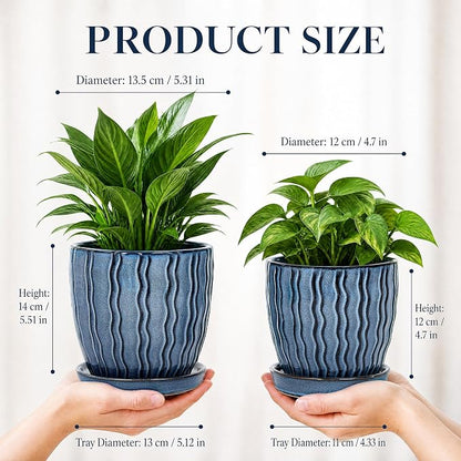 Ceramic Plant Pots, 4.5+5.5 Inch Small Plant Pots, Flower Pots Indoor Planters with Drainage and Tray, Modern Indoor Plant Pots for Home and Office, Indoor Planters with Drainage