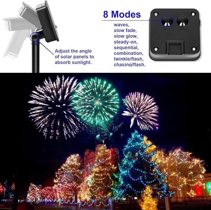 Solar Christmas String Lights Multicolor Outdoor Waterproof 100 LED（2 Pack） 8 Modes Copper String Lights Fairy Lights for Valentine's Day Garden, Patio, Fence, Balcony, Outdoors(Multicolor 2pcs）
