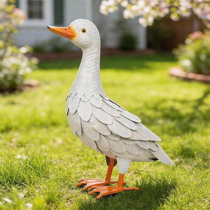 Shorayn Garden Statue Metal Duck Life-Size Mallard Indoor Outdoor Decor White Handmade
