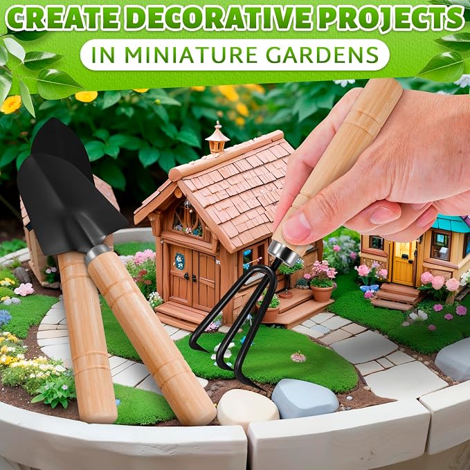 3 Pcs Mini Garden Tools, Shovel, Rake, Wooden Handles, Steel Heads | Small Gardening Tools Set, Tiny Trowel for Transplanting, Repotting and Planting, for Indoor Plants, Succulents and Bonsai