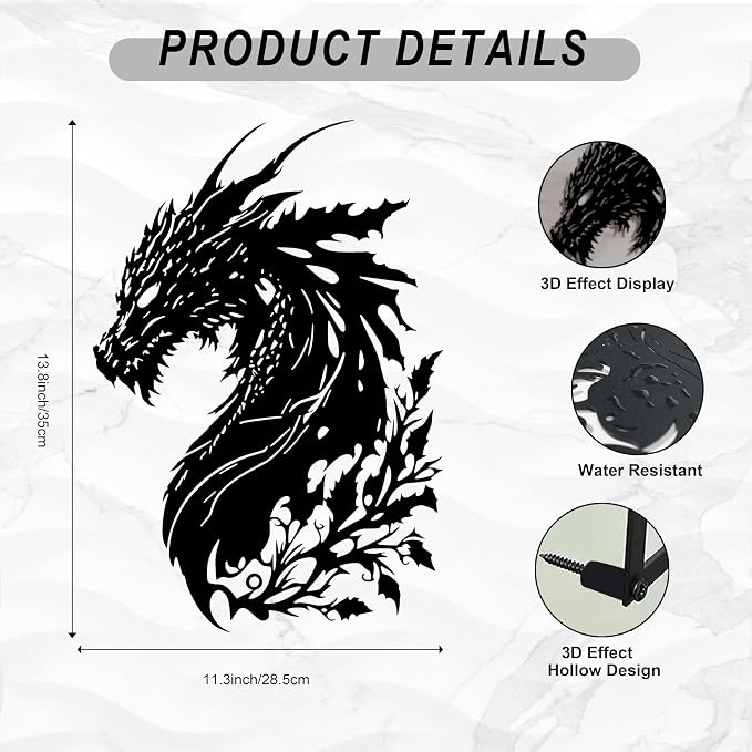 LIYAOLI 3D Dragon Wall Art Decor - Black Metal Dragon Head Sculpture for Men Cave, Western Room Decor - Unique Fantasy Gifts for Medieval Decorations, Bedroom & Living Room
