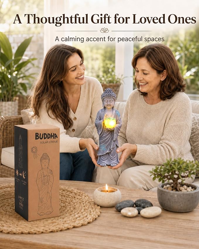 Nacome Solar Buddha Garden Statue Decor: Standing Resin Figurine with Lotus Flower Light Zen Sculpture for Patio Lawn Yard Porch Balcony Meditation Space - 11 inches(Gray)
