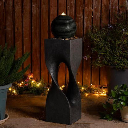 Glitzhome Outdoor Water Fountain, Outdoor Fountain with Lights, 36.5" H Modern Geometric Pedestal and Sphere Polyresin Outdoor Floor Standing Fountain with Pebbles, Pump for Garden, Patio, Backyard