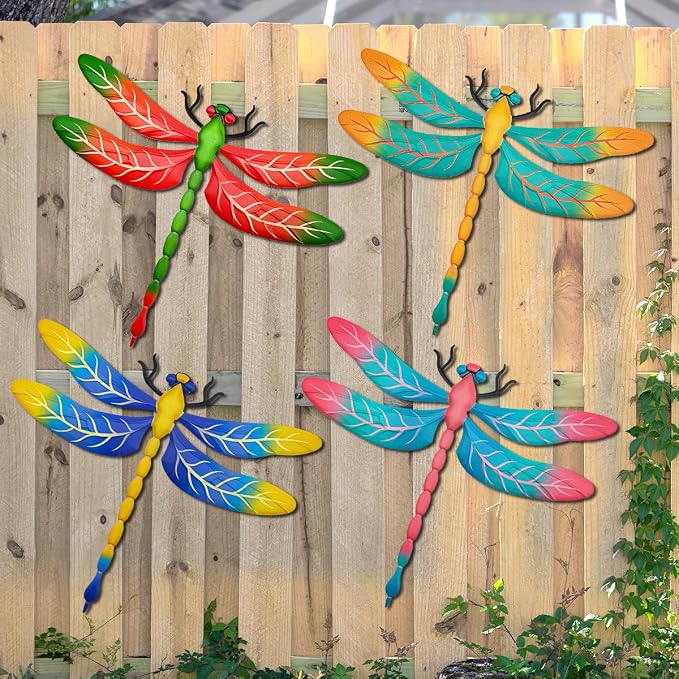 Metal Dragonfly Wall Decor, 4 Pack 13 inch Metal Dragonflies Wall Hanging Sculpture Decorations for Outdoor, Yard Patio Fence Garden Outside Decor