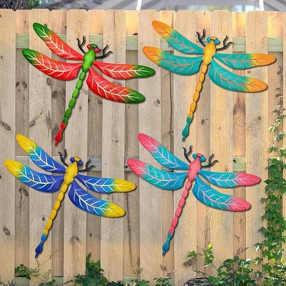 Metal Dragonfly Wall Decor, 4 Pack 13 inch Metal Dragonflies Wall Hanging Sculpture Decorations for Outdoor, Yard Patio Fence Garden Outside Decor