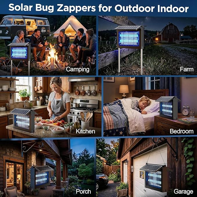 Solar Bug Zapper Outdoor-4500V Mosquito Zapper Outdoor Fly Killer-with Dual Adjustable Solar Panel Waterproof-Portable Electric Fly Trap for Patio, Garden, Backyard, and Camping