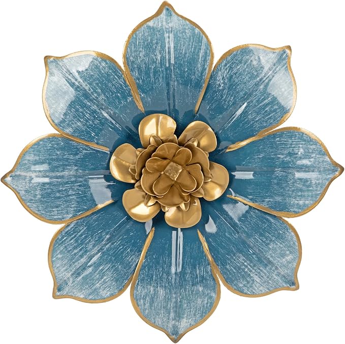 10" Metal Flowers Wall Decor, Blue & Gold 3D Floral Metal Wall Art Decor for Inoor & Outdoor Use, Vintage & Modern Walls Arts for Bathroom, Living Room, Bedroom, Office, Garden, Patio, Porch, 1 Piece