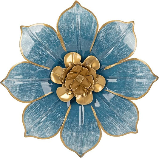 10" Metal Flowers Wall Decor, Blue & Gold 3D Floral Metal Wall Art Decor for Inoor & Outdoor Use, Vintage & Modern Walls Arts for Bathroom, Living Room, Bedroom, Office, Garden, Patio, Porch, 1 Piece