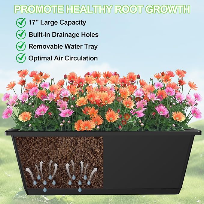 Railing Planter Box Adjustable Window Boxes Planters Set of 2, Black Hanging Balcony Planters with Removable Brackets, 17 Inch Outdoor Plastic Flower Pots for Fence, Deck Railing, Porch, Patio Garden