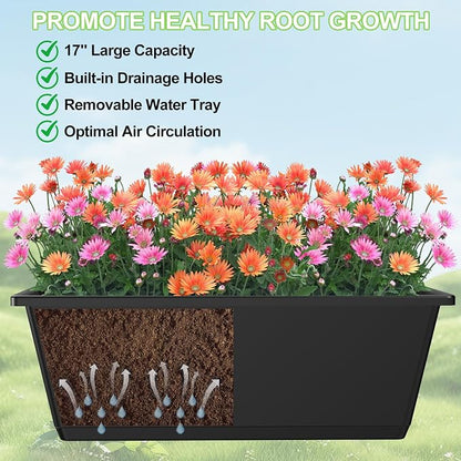 Railing Planter Box Adjustable Window Boxes Planters Set of 2, Black Hanging Balcony Planters with Removable Brackets, 17 Inch Outdoor Plastic Flower Pots for Fence, Deck Railing, Porch, Patio Garden