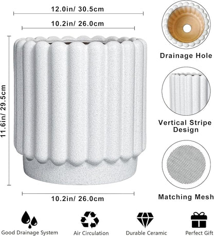 Ceramicfor Ceramic Flower Pot, 12 Inch, White | Fluted Design, Drainage Hole, Indoor Outdoor, Modern Round, Plant Lover Gift