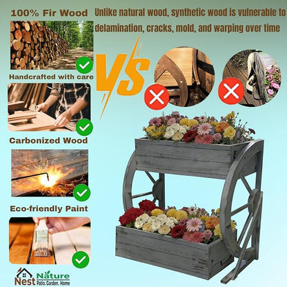 NestNature Wooden Wagon Planter Box|Rustic Planter Use On Indoor&Outdoor | 2-Tier Medium Solid Wood Planter-Flower Pot Use On Patio,Porch,Garden-Raised Garden Bed For Succulents, Herbs, Vegetables