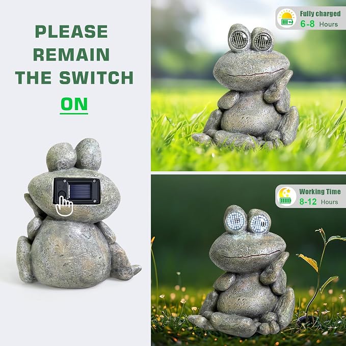 NBQQ Solar Rabbit Statue with Lantern – Cute Resin Bunny Holding Tree, Outdoor Waterproof Garden Decor, Auto On/Off LED Night Light for Patio Yard Lawn Indoor, Unique Housewarming Gift (Frog)