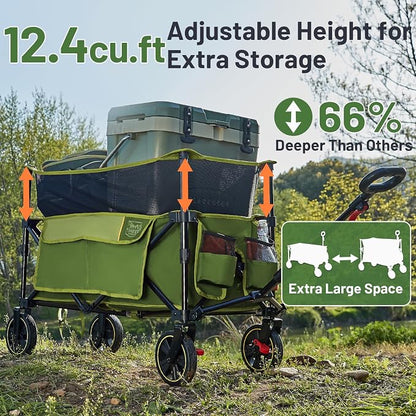 Timber Ridge Collapsible Folding Wagon 350L Extra Large with Brake, Heavy Duty Camping Utility Cart Outdoor, Extended Height Adjustable Handle, Cup Holders, Side Bag, Green
