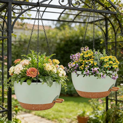12" Self Watering Hanging Planters with Chains, Green Brown，2 Pack | Plastic hanging baskets with 43 Oz removable reservoir, for indoor outdoor plants, patio porch garden balcony decor