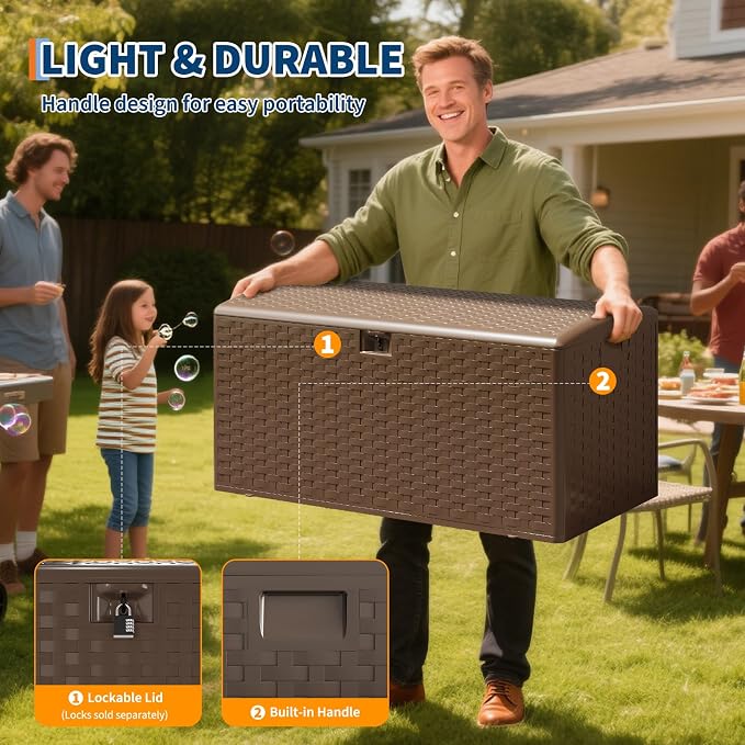 IDEALHOUSE 100 Gallon Resin Deck Box, Waterproof Outdoor Storage Box with Lockable Lid & UV Resistant, Patio Furniture Cushion Storage Container for Garden, Backyard, Poolside (Brown)