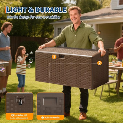 IDEALHOUSE 100 Gallon Resin Deck Box, Waterproof Outdoor Storage Box with Lockable Lid & UV Resistant, Patio Furniture Cushion Storage Container for Garden, Backyard, Poolside (Brown)