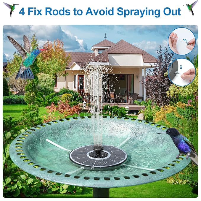 3.5W Solar Fountain with 2000mAh Battery - Work On Cloudy Days - Upgrade Glass Panel Solar Bird Bath Fountain, Hummingbird Water Feature Pump with 7 Nozzles, 4 Fixed Pipes for Garden, Pool