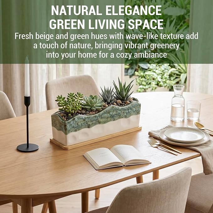 MyGift 13 Inch Large Rectangular Succulent Planter, Decorative Seafoam Green Glazed Beige Ceramic Indoor Plant Container Pot with Removable Bamboo Tray