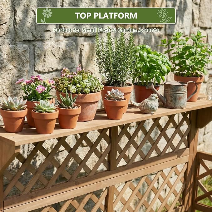 Raised Garden Bed with Trellis, 2-Tier Elevated Planter Box, Wooden Outdoor Planter for Vegetables Herbs Flowers, Lattice Back for Climbing Plants, Modern Minimal Design for Patio Balcony Backyard