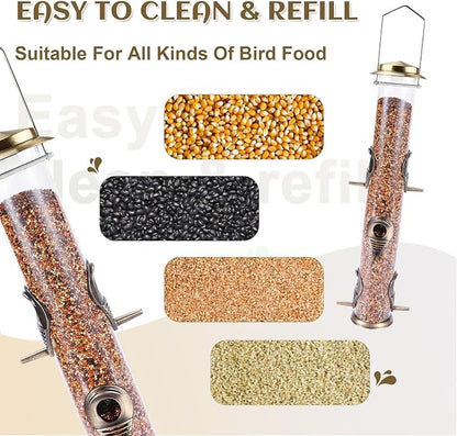 MIXXIDEA 1PK Metal Bird Feeders with 6 Feeding Ports,Tube Bird Feeder with Steel Hanger,Hard Plastic Wild Bird Feeder for Outdoors Hanging, Attracting Birds in Your Lawn, Garden, Balcony–Bronze