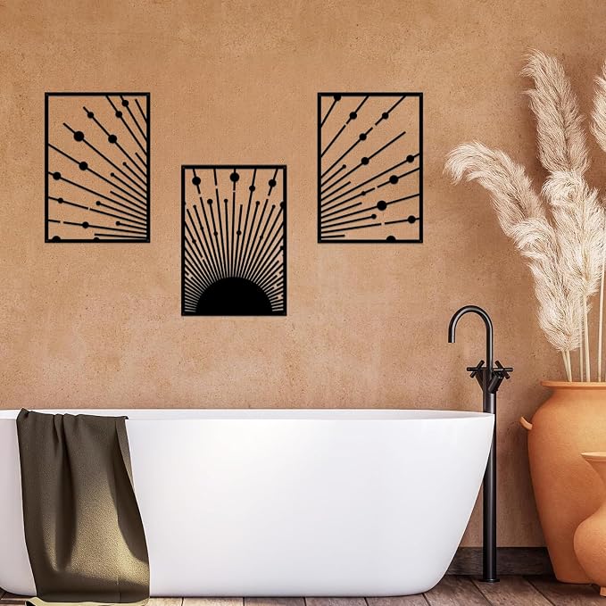 ruelen Black Metal Sun Wall Decor, Set of 3 Minimalist Sunshine Line Art Sculpture, Large Outdoor Metal Wall Art, Nautical Black Celestial Outdoor Decorative Wall Panel for Outside & Modern Home Wall Decor(15.7x11'' Per Piece)