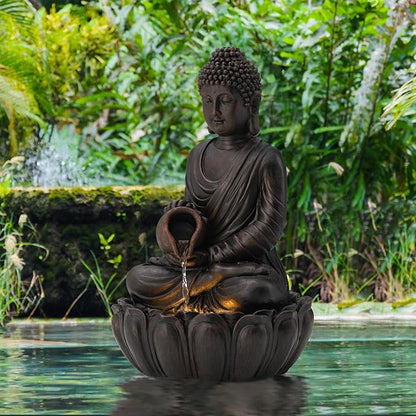 Glitzhome Zen-Style 2-Tiered Buddha Statue Polyresin Outdoor Decoration with Pump and LED Light, 20.5" H
