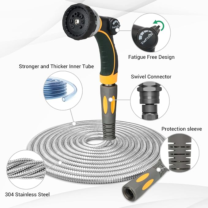 TheFitLife Flexible Metal Garden Hose - 100FT Lightweight Stainless Steel Water Hose with Solid Fittings and Sprayer Nozzle - Leak Proof, Kink Free, Anti-rust, Large Diameter, Durable and Easy Storage
