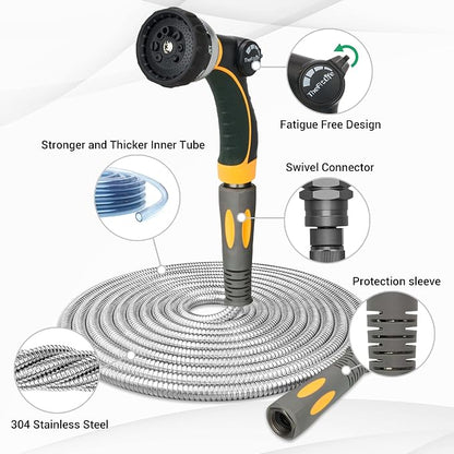 TheFitLife Flexible Metal Garden Hose - 100FT Lightweight Stainless Steel Water Hose with Solid Fittings and Sprayer Nozzle - Leak Proof, Kink Free, Anti-rust, Large Diameter, Durable and Easy Storage