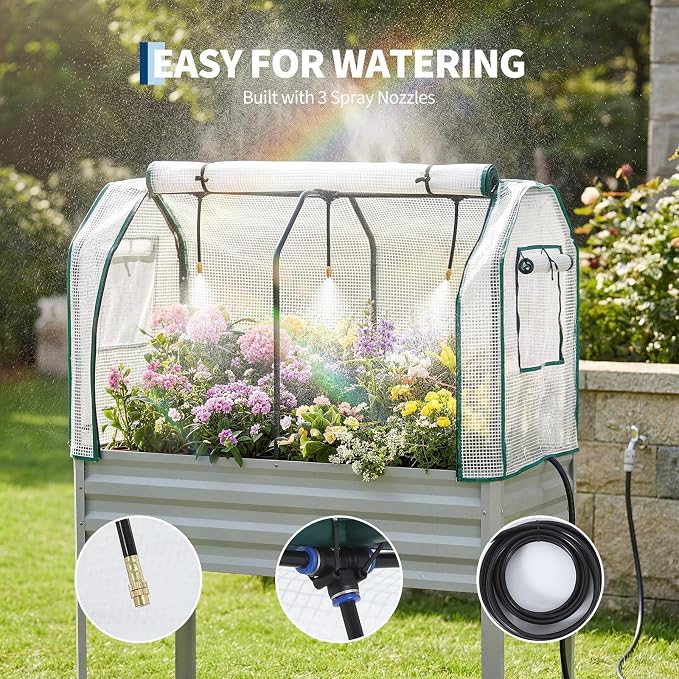 48×24×55in Large Metal Raised Garden Bed with Legs and Cover, Galvanized Oval Raised Bed Planter with Leg for Vegetables and Flowers, Build-in Spray Tube Effortless Watering | Elevated metal planter with built-in 3-spray nozzle watering system, drain t...