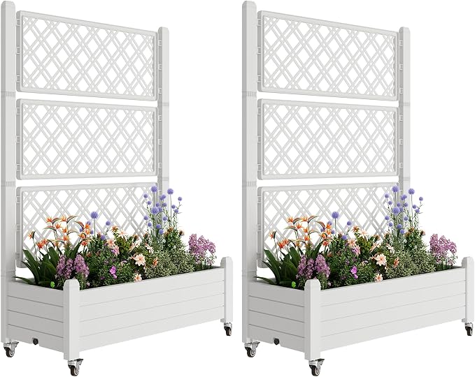 Fancyango Raised Garden Bed with Wheels 61.2" Hx2 -Ashen | Resin Elevated Garden Planter Box with Trellis, Outdoor Planter Box for Veggies Herbs Patio Balcony Backyard