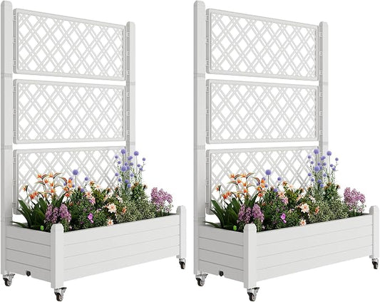 Fancyango Raised Garden Bed with Wheels 61.2" Hx2 -Ashen | Resin Elevated Garden Planter Box with Trellis, Outdoor Planter Box for Veggies Herbs Patio Balcony Backyard