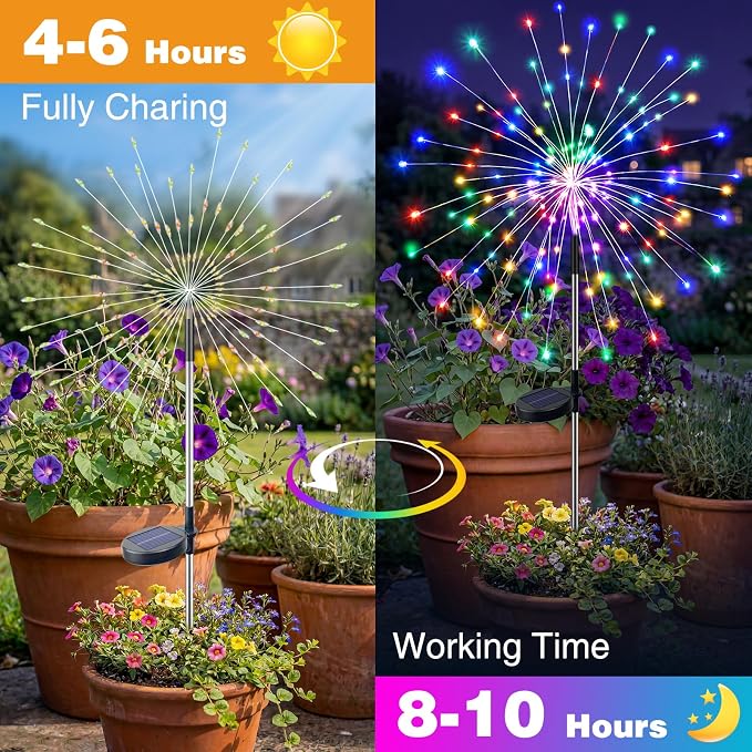 btfarm 6 Pack Solar Garden Lights Outdoor, 8 Modes Firework Lights Solar Powered, Waterproof Twinkle Fairy Light Outside for Yard Patio Pathway Pool Christmas Party Decorative, Multicolor