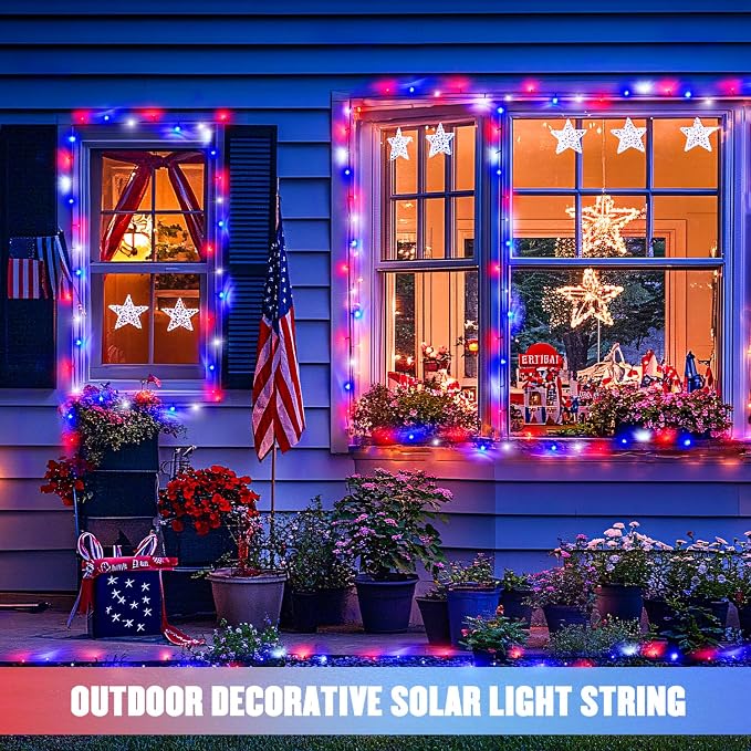 JMEXSUSS 2 Pack Solar String Lights, Red White and Blue, Total 200LED 66ft | Patriot Solar Lights Outdoor Waterproof, 8 Modes 4th of July Lights for Independence Day Patio Yard Tree Decorations