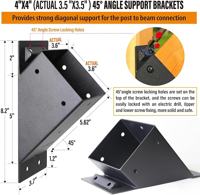 2pack 4x4 (Actual 3.5''x3.5'') Degree Angle Support Brackets, for Pergola, Gazebo, Deck Wood Frame Structures Provide Support 45° Degree Angle Bracket