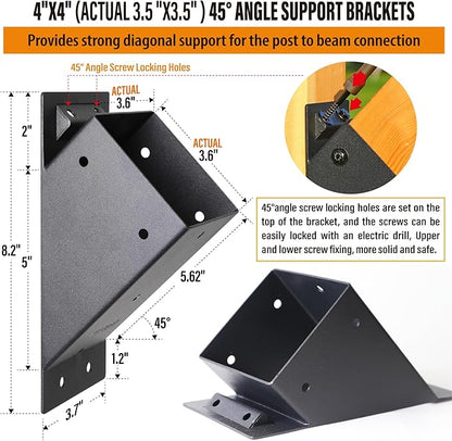 4pack 4x4 (Actual 3.5''x3.5'') Degree Angle Support Brackets, for Pergola, Gazebo, Deck Wood Frame Structures Provide Support 45° Degree Angle Bracket