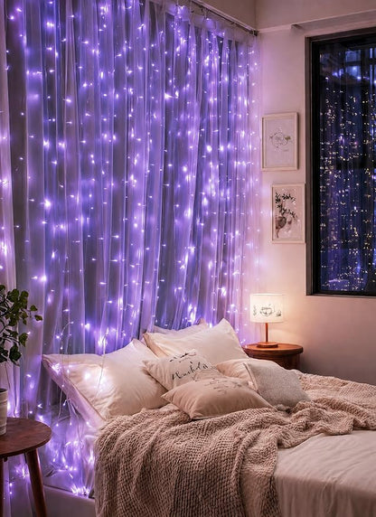 Brightown 300 LED Purple Halloween Fairy Curtain Lights, 9.8ft x 9.8ft String Lights, USB Plug in 8 Lighting Modes Christmas String Hanging Lights with Remote for Bedroom Indoor Outdoor Party Xmas