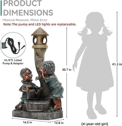 AUTODAYA 31" Boy and Girl Outdoor Fountain LED 3-Tier Cascading Waterfall | hand-painted bronze, nostalgic barrel and children design, patio yard Porch Garden