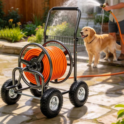 Hose Reel Cart, Holds 250 ft of 5/8" Hose, Heavy Duty Industrial Garden Water Hose Reel with 4 Wheels, Storage Basket, Powder-Coated Steel Frame for Lawn, Yard, Garden, Outdoor