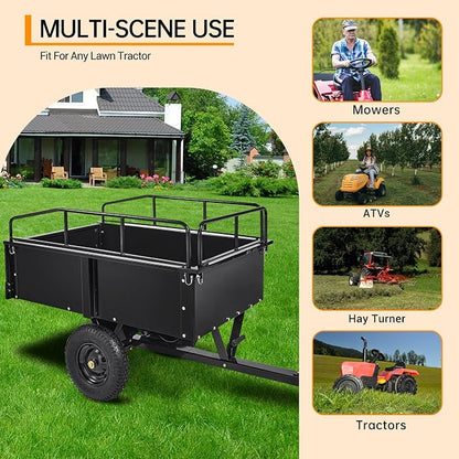 GarveeTech 750LBS Heavy Duty ATV Trailer Tow Behind Steel Dump Cart, 15 Cu. Ft Garden Utility Trailer with Removable Sides & Rear Hitch for Riding Lawn Mower Tractor, Black