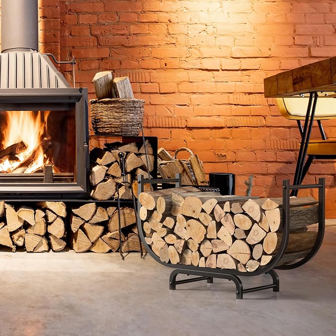 LIANTRAL 31.5 Inch Firewood Rack Outdoor Indoor, Curved Metal Wood Rack Heavy Duty Log Holder for Firewood Storage Holder Stand Wood Pile Storage Rack for Fireplace, Black
